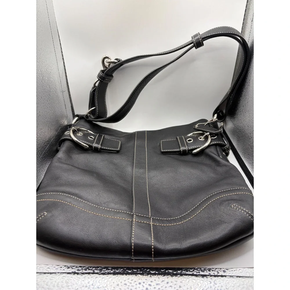 Coach Soho Black Leather Buckle Hobo Shoulder Bag White Stitching EUC